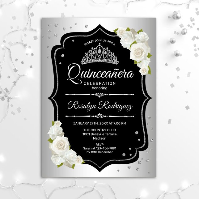 Invitation Quinceanera - Blanc Noir Argent (Créateur téléchargé)