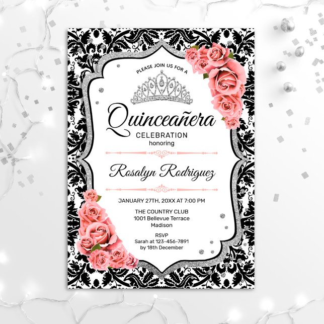 Invitation Quinceanera - Blanc Noir Damas Blush rose (Créateur téléchargé)