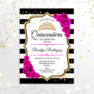 Invitation Quinceanera - Blanc Noir Rose Or
