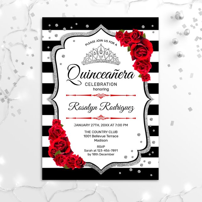 Invitation Quinceanera - Blanc Noir Rouge Argent (Créateur téléchargé)