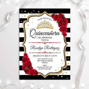 Invitation Quinceanera - Blanc Noir Rouge Or