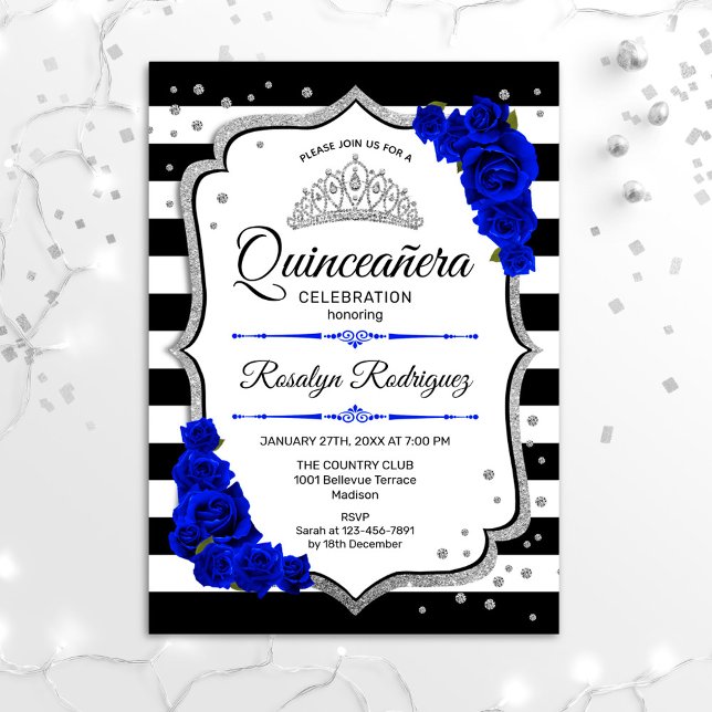Invitation Quinceanera - Blanc Noir Royal Bleu Argent (Créateur téléchargé)