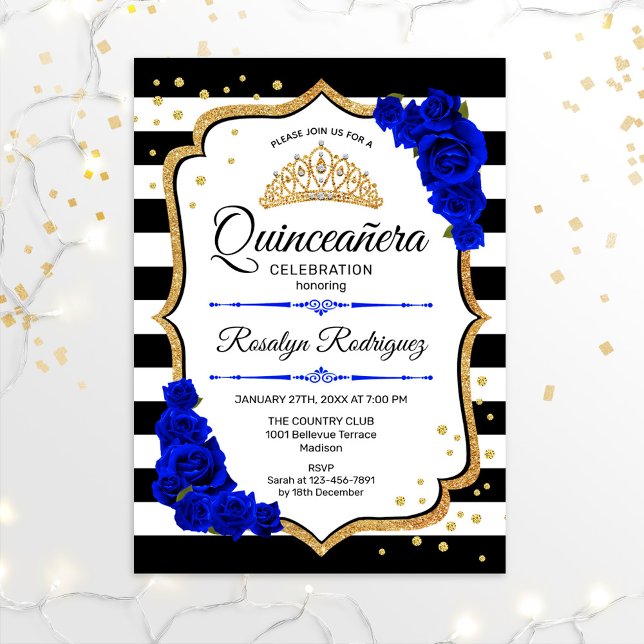 Invitation Quinceanera - Blanc Noir Royal Bleu Or (Créateur téléchargé)