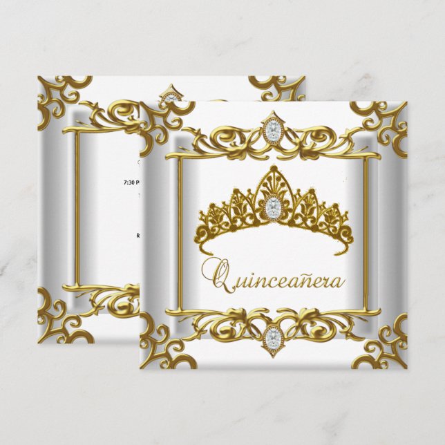 Invitation Quinceanera blanc or Tiara 15e anniversaire (Devant / Derrière)