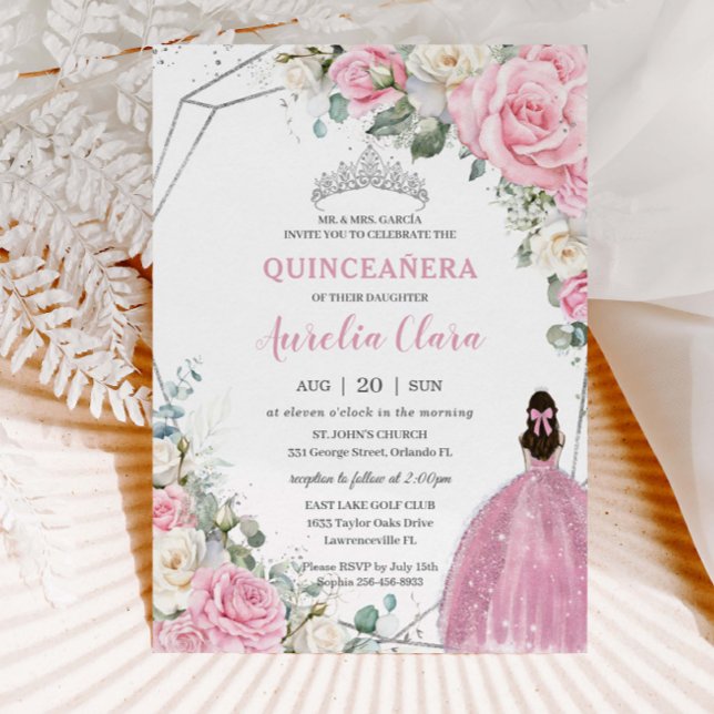 Invitation Quinceañera Blanc Rose Floral Argent 16e anniversa (Créateur téléchargé)