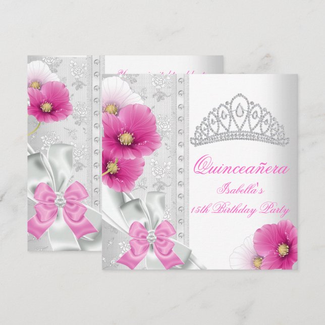 Invitation Quinceañera Blanc rose Floral Diamant Tiara (Devant / Derrière)