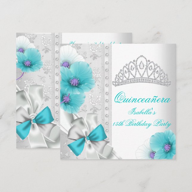 Invitation Quinceañera Blanc Turquoise Bleu Floral Diamant Ti (Devant / Derrière)