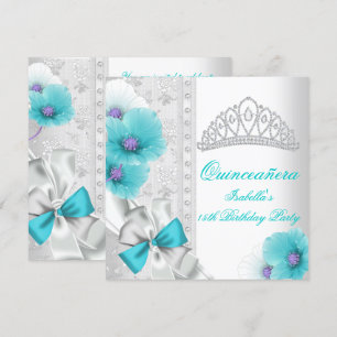 Invitation Quinceañera Blanc Turquoise Bleu Floral Diamant Ti