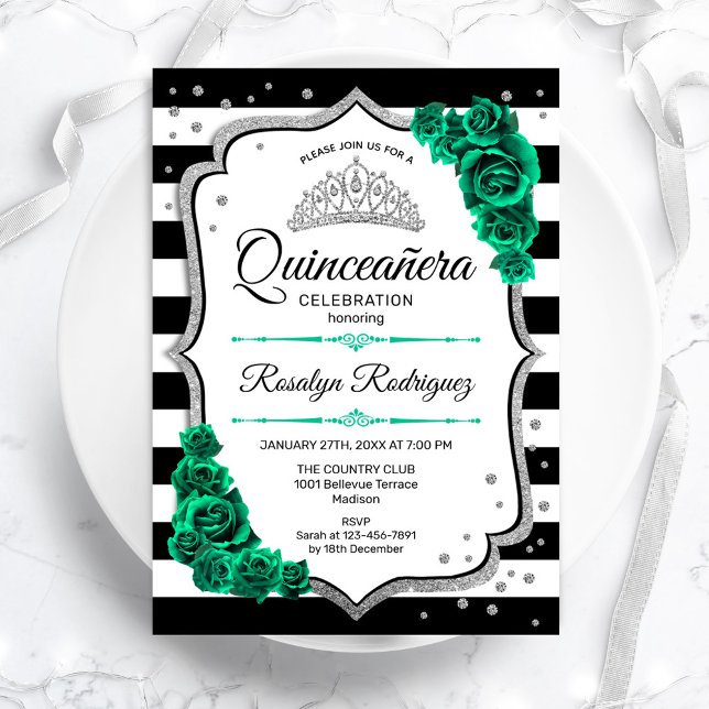 Invitation Quinceanera blanche d'argent Emerald Green (Créateur téléchargé)