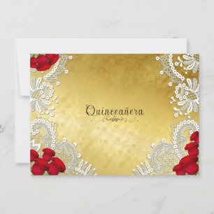 Invitation Quinceanera Blanche dentelle rouge Roses sur or