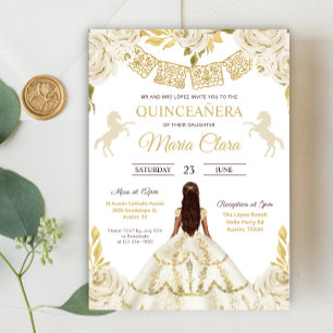 Invitation Quinceanera blanche et or Ivory Mis Rose de provin
