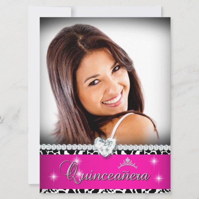 Invitation Quinceanera blanche rose chaude 15 Diamond Photo (Devant)