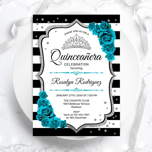 Invitation Quinceanera blanche turquoise en argent (Créateur téléchargé)