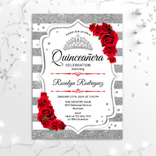 Invitation Quinceanera - Blancs Argent Rouge