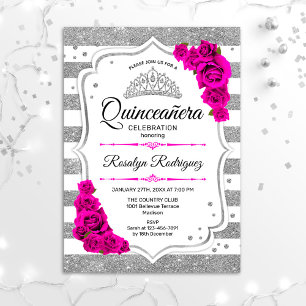 Invitation Quinceanera - Blancs argenté rose chaud