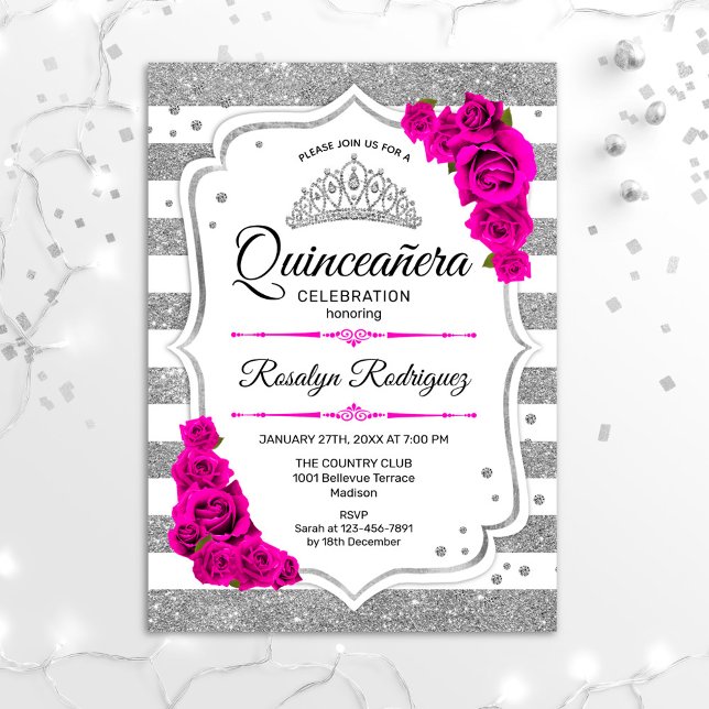 Invitation Quinceanera - Blancs argenté rose chaud (Créateur téléchargé)