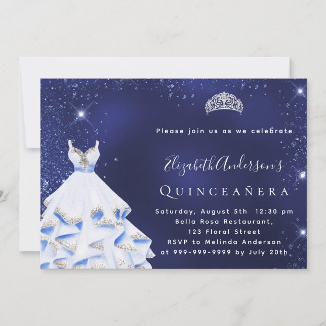 Invitation Quinceanera bleu argent parties scintillant robe t (Devant)