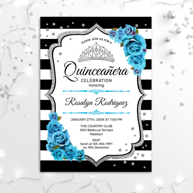 Invitation Quinceanera - Bleu blanc noir argenté (Créateur téléchargé)