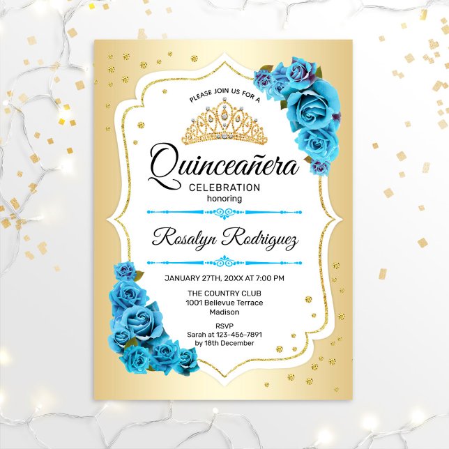 Invitation Quinceanera - Bleu blanc or (Créateur téléchargé)