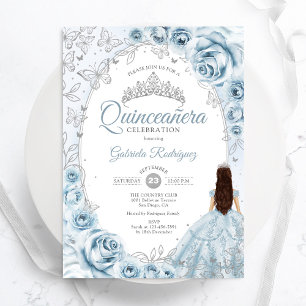 Invitation Quinceanera Bleu Bleu Argent Floral