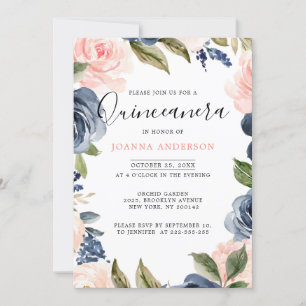 Invitation Quinceanera bleu bleu marine rose rose