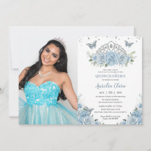 Invitation Quinceañera Bleu Bleu Roses Argent Couronne Photo