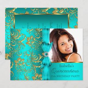 Invitation Quinceanera Bleu Canard Or Damassé Photo Floral