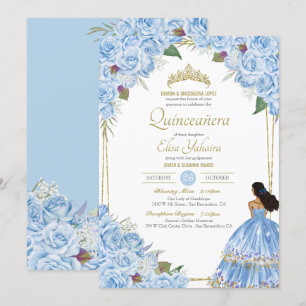 Invitation Quinceanera bleu clair Élégante robe Rose Floral