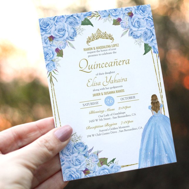 Invitation Quinceanera bleu clair Élégante robe Rose Floral (Créateur téléchargé)