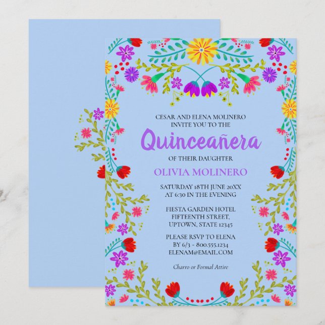 Invitation Quinceanera Bleu clair Fleurs mexicaines Anniversa (Devant / Derrière)