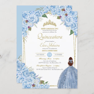 Invitation Quinceanera bleu clair Rose floral élégant coing