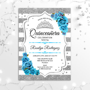 Invitation Quinceanera - Bleu des bandes argentées blanches