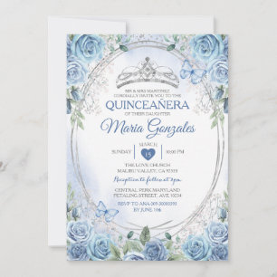 Invitation Quinceañera Bleu Dusty et Papillon Couronne Argent