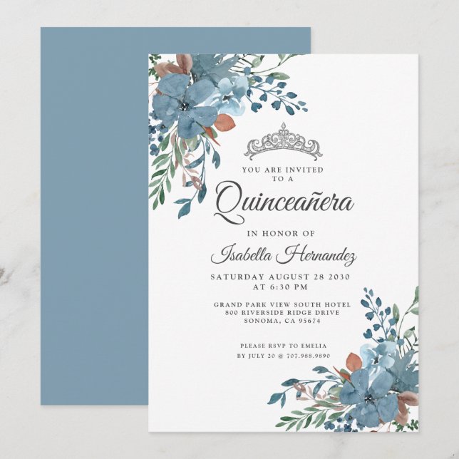 Invitation Quinceanera Bleu Dusty Floral Vert (Devant / Derrière)