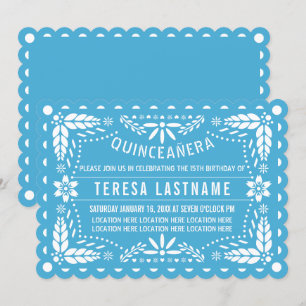 Invitation Quinceañera bleu et blanc en papier découpé