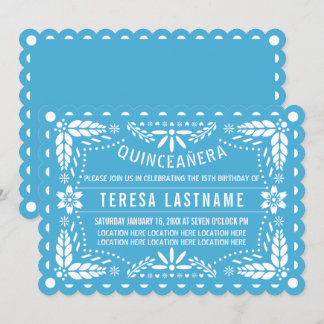 Invitation Quinceañera bleu et blanc en papier découpé