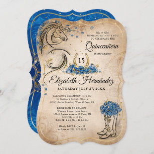 Invitation Quinceanera bleu et or Cheval rustique Anniversair