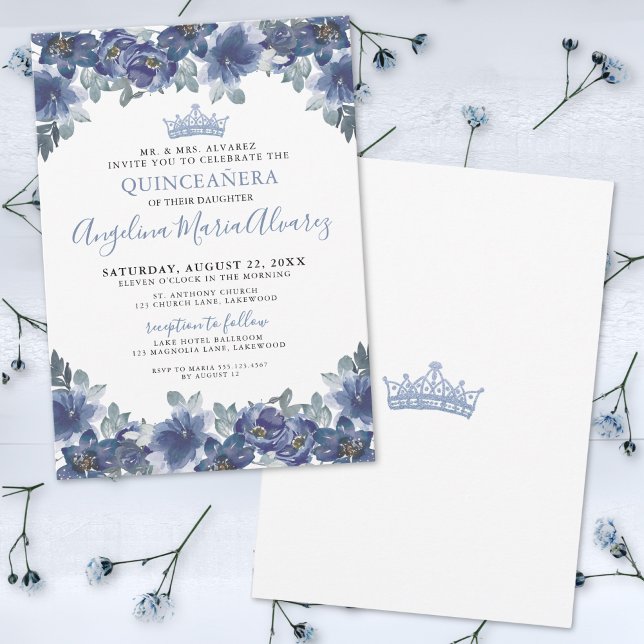 Invitation Quinceanera bleu floral (Elegant Floral Blue Quinceanera Invitation)