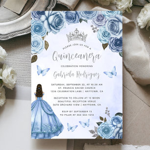 Invitation Quinceañera Bleu Floral Aquarelle Argenté
