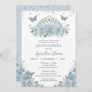 Invitation Quinceañera Bleu Floral Argent Couronne Español