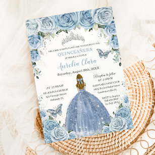 Invitation Quinceañera Bleu Floral Papillons argentés Blonde