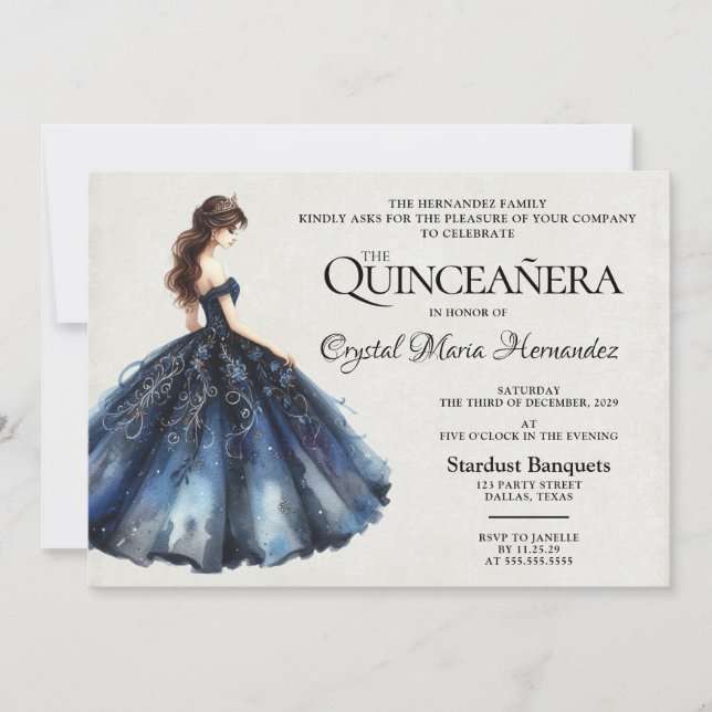 Invitation Quinceañera bleu marine (Devant)