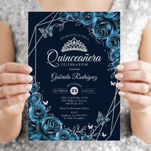 Invitation Quinceanera Bleu Marine Argent Floral