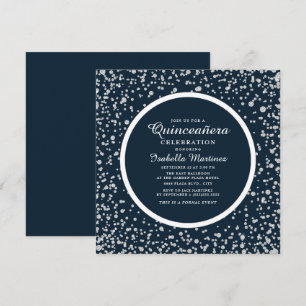 Invitation Quinceañera bleu marine argenté paillettes diamant