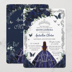 Invitation Quinceanera Bleu Marine Floral Argent Princesse
