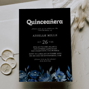 Invitation Quinceañera bleu marine floral Royal Navy