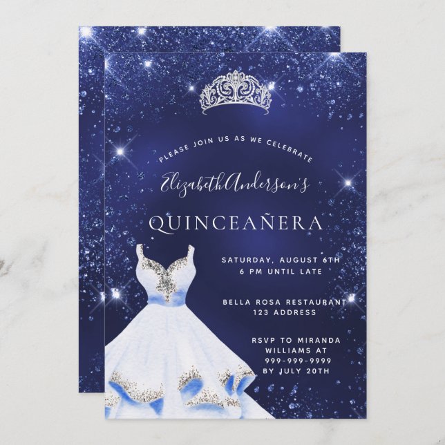 Invitation Quinceanera bleu marine parties scintillant robe t (Devant / Derrière)