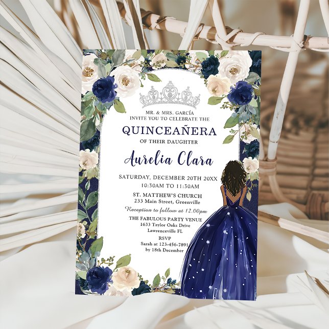 Invitation Quinceañera Bleu Nuit Floral Princesse Anniversair (Créateur téléchargé)