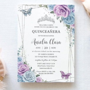 Invitation Quinceanera Bleu pourpre Lilac Floral Argent