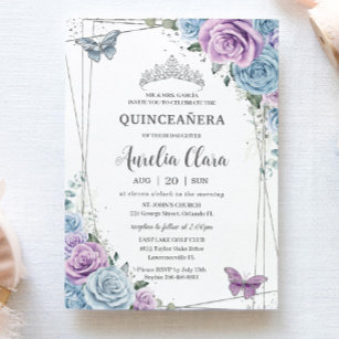 Invitation Quinceanera Bleu pourpre Lilac Floral Argent